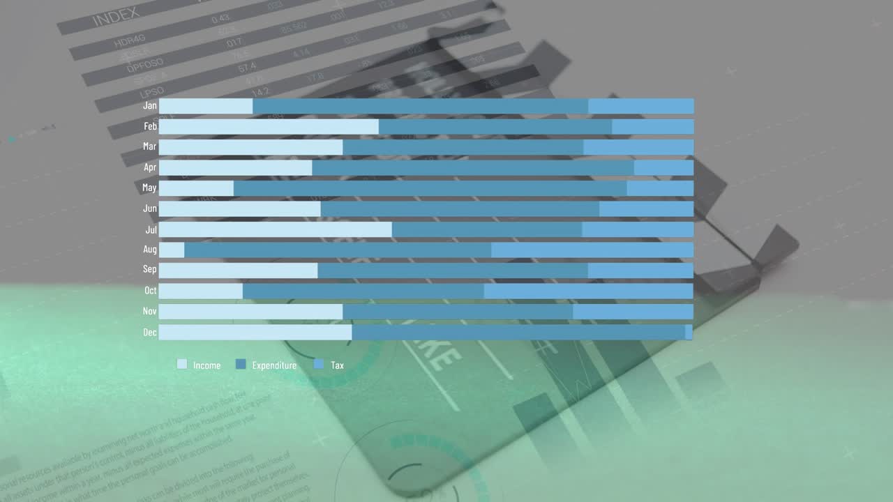 Animation of graph and data processing over film slate and dollar banknotes