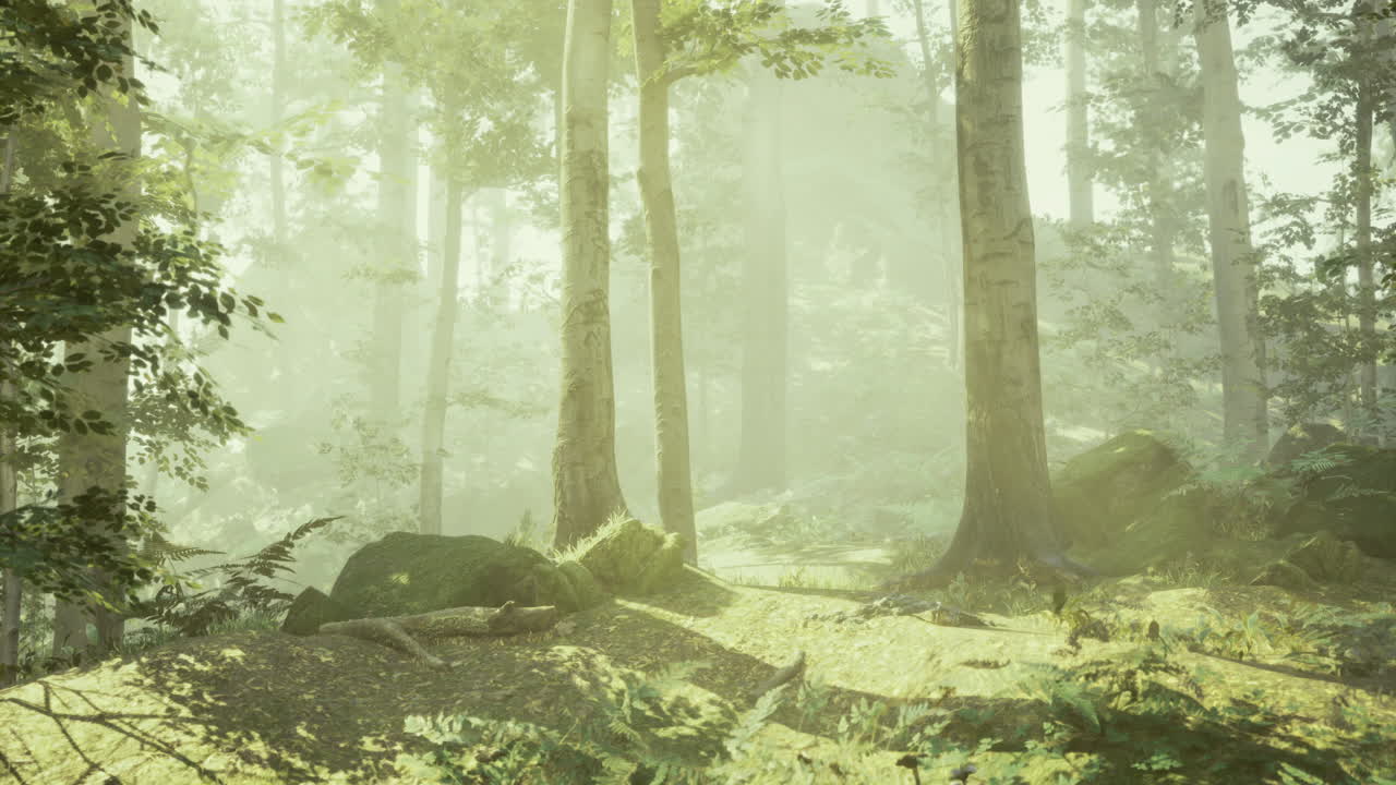 빛은 부드러운 초록색으로 평화로운 숲에서 나무를 통해 필터링