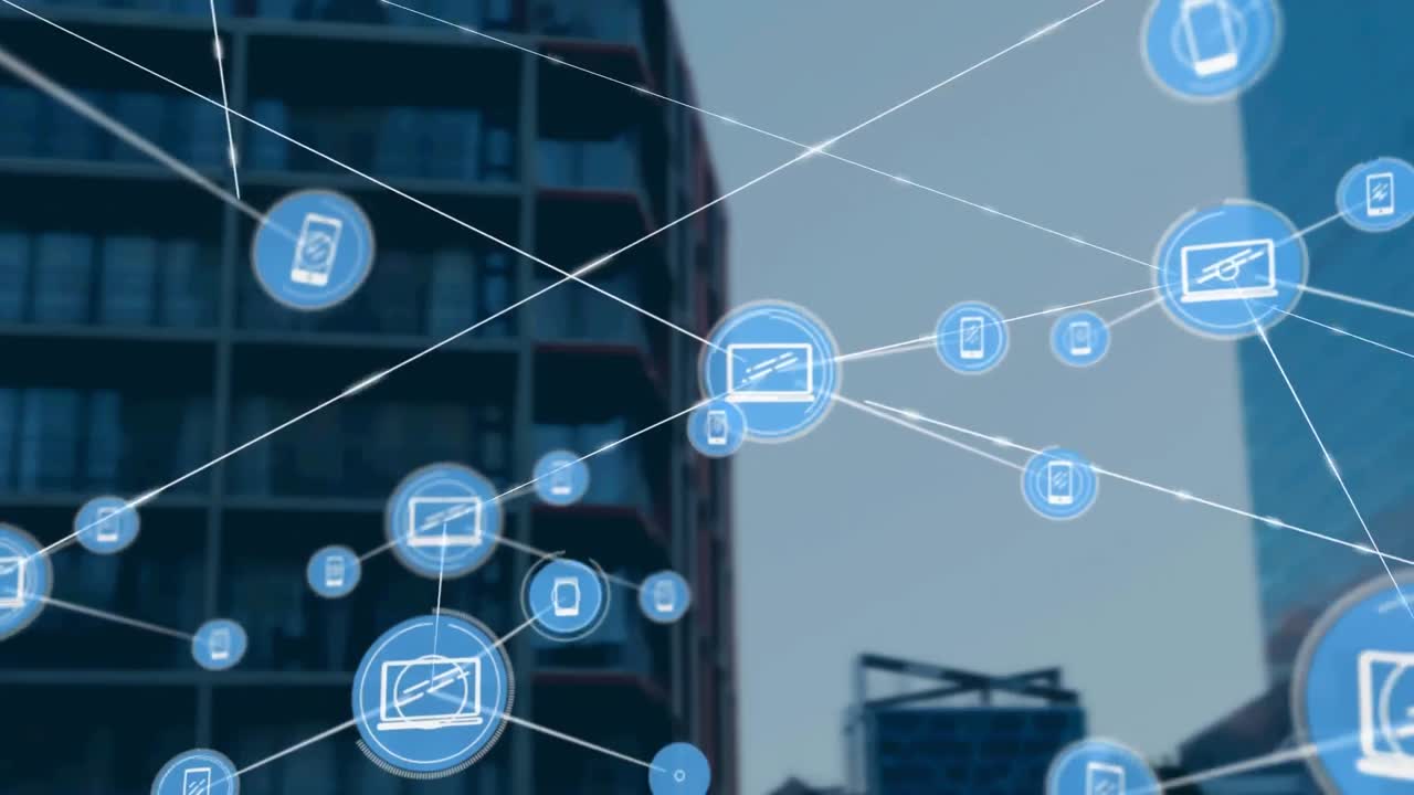 Animation of network of connections with icons over modern building