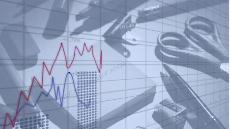 animation of financial data processing over office items on desk