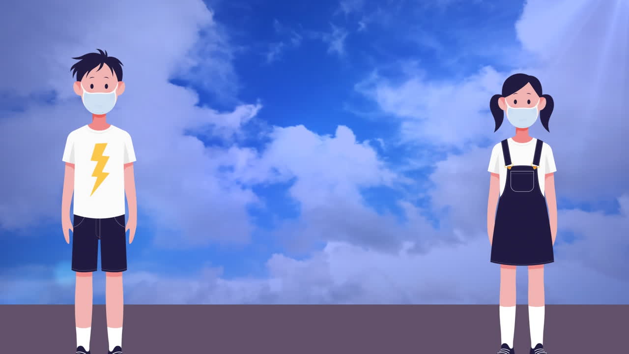 사회적 거리를 유지하는 얼굴 마스크를 입은 소년과 소녀의 애니메이션
