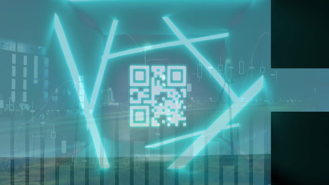 Animation of data processing with qr code and cityscape over wind turbines