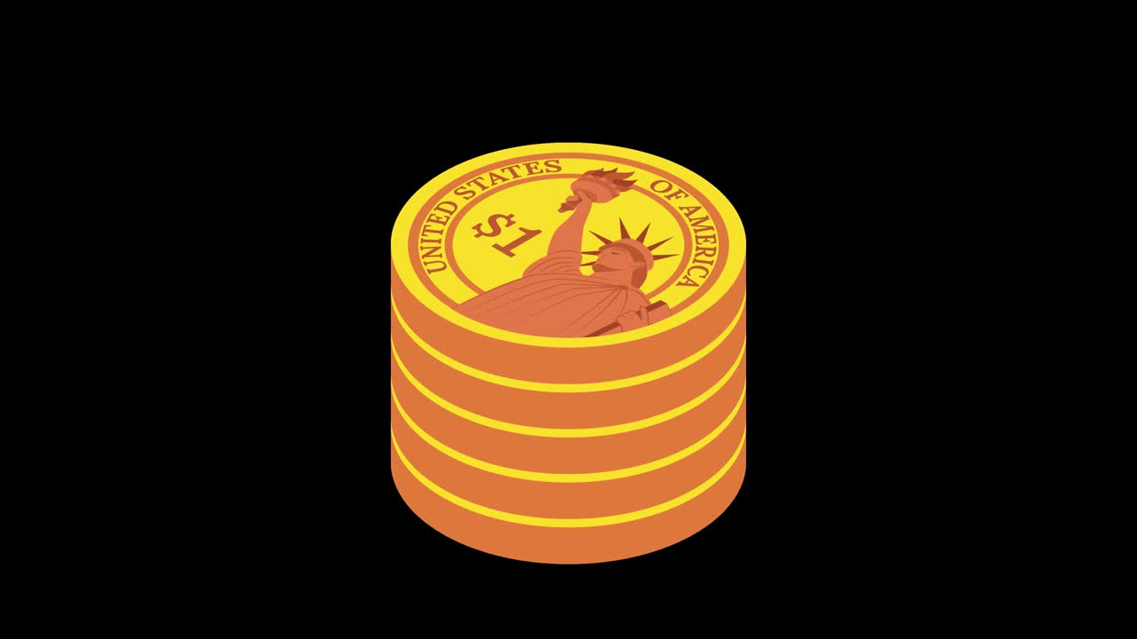 pilas de monedas de oro. animación de bucle isométrico en el canal alfa. resolución de 4k.