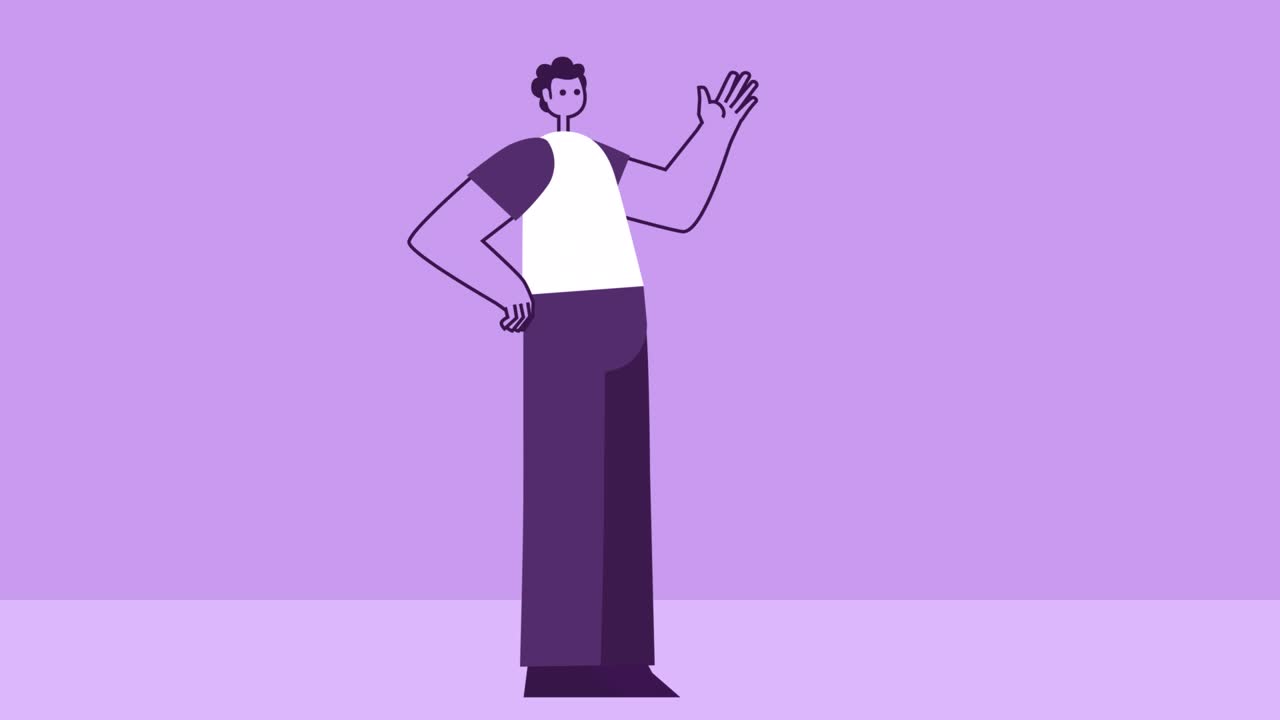 보라색 스타일 남자 평평한 캐릭터 하이 손 흔들기 제스처. 알파 채널과 함께 고립 된 루프 애니메이션