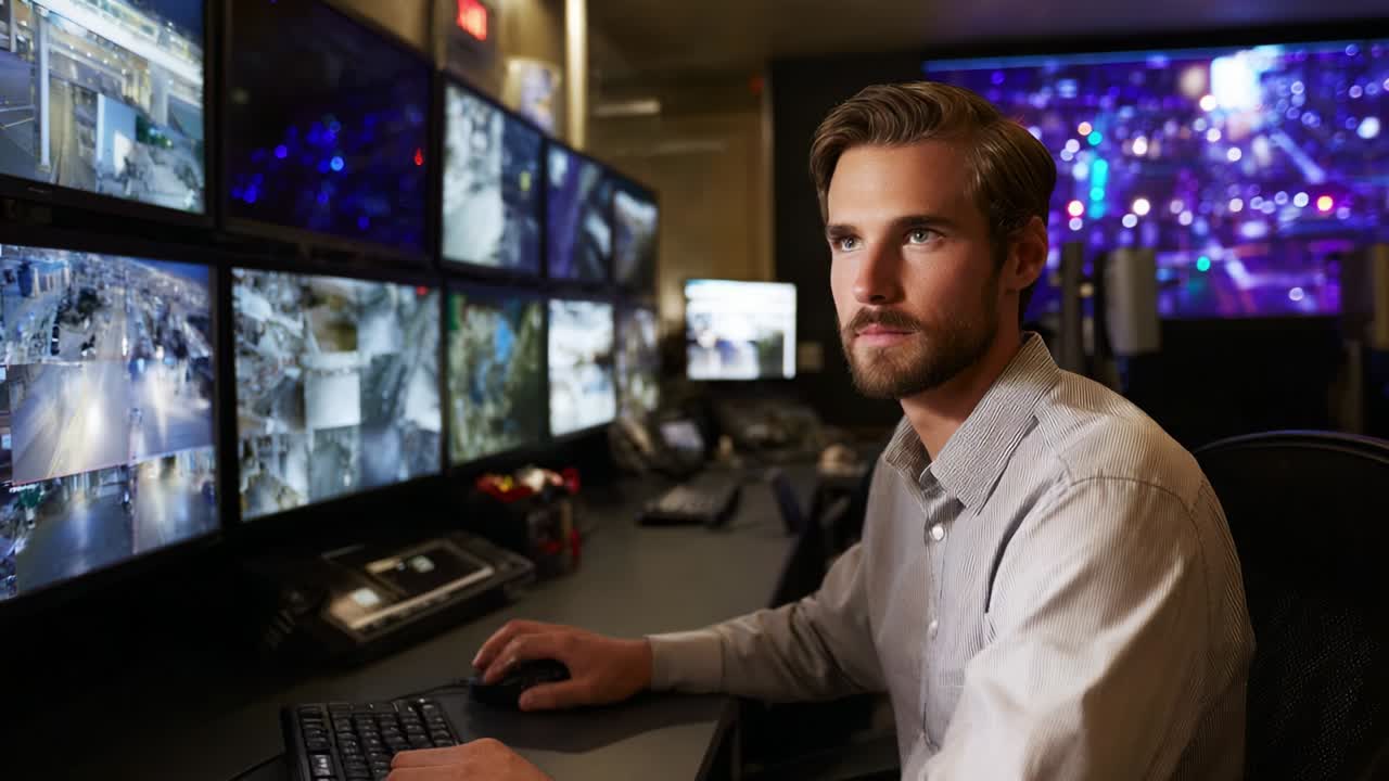 A Focused Surveillance Operator Analyzing Multiple Monitors in a High-tech Control Room, Observing Live Feeds and Data Insights for Enhanced Security and Incident Response Systems