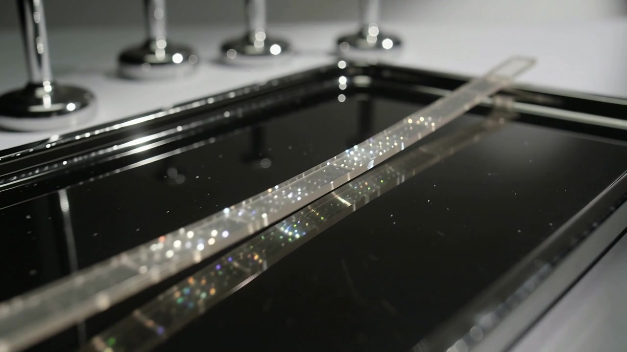 Moving camera revealing clear rod on white tabletop over black tray, highlighting sparkly particles