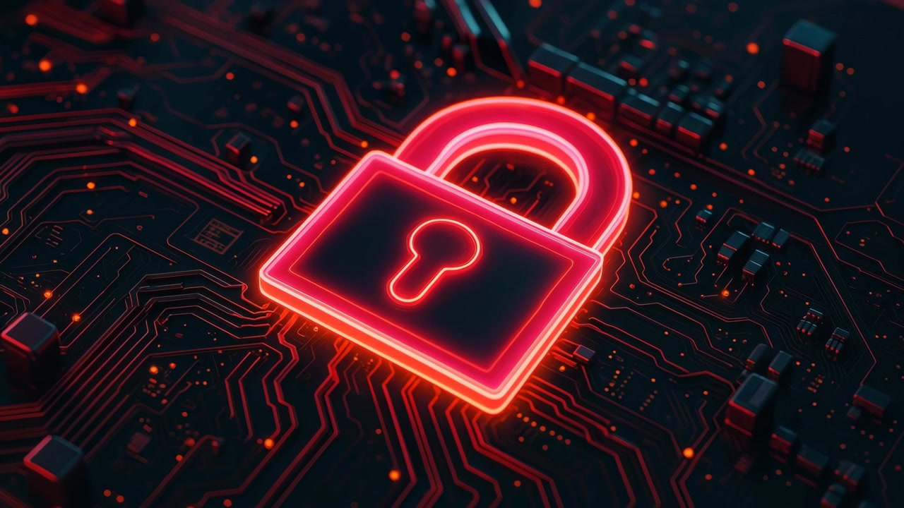 Cybersecurity Concept with Red Glowing Padlock on Circuit Board