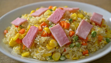 homemade fried rice with ham and mixed vegetable