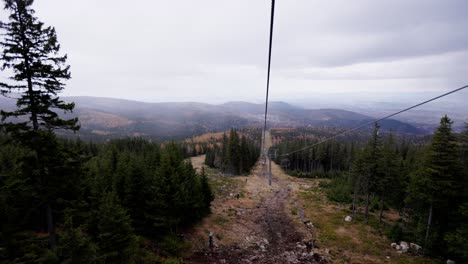 Cable-transport,-cable-car-going-down-the-mountain,-cloudy-weather,-Karpacz,-Poland