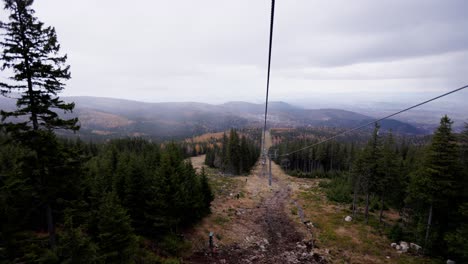 Transporte-Por-Cable,-Teleférico-Bajando-La-Montaña,-Clima-Nublado,-Karpacz,-Polonia