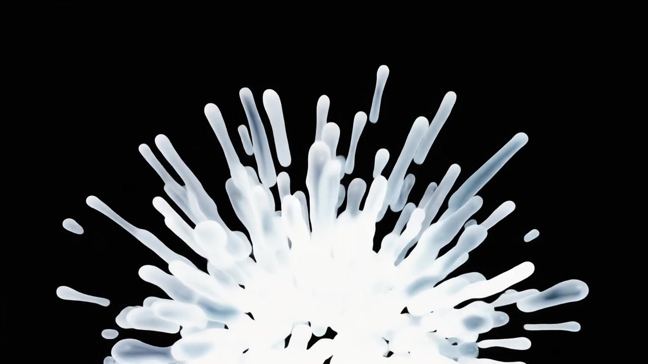 Abstract Liquid Morphing and Explosive Particle Burst on Black Background
