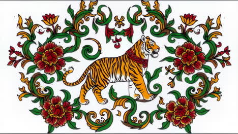ornate illustration of a stylized tiger and floral patterns