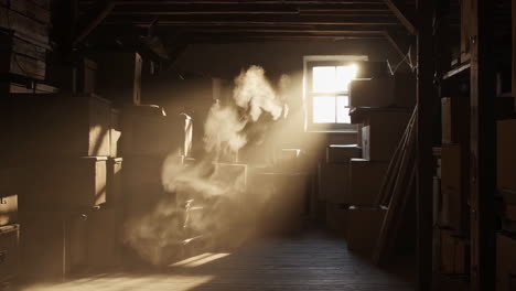 sunlight streaming into a dusty warehouse