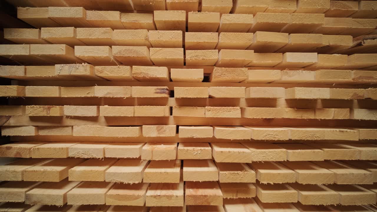 Tampilan Jarak Dekat Tumpukan Papan Kayu di Gudang