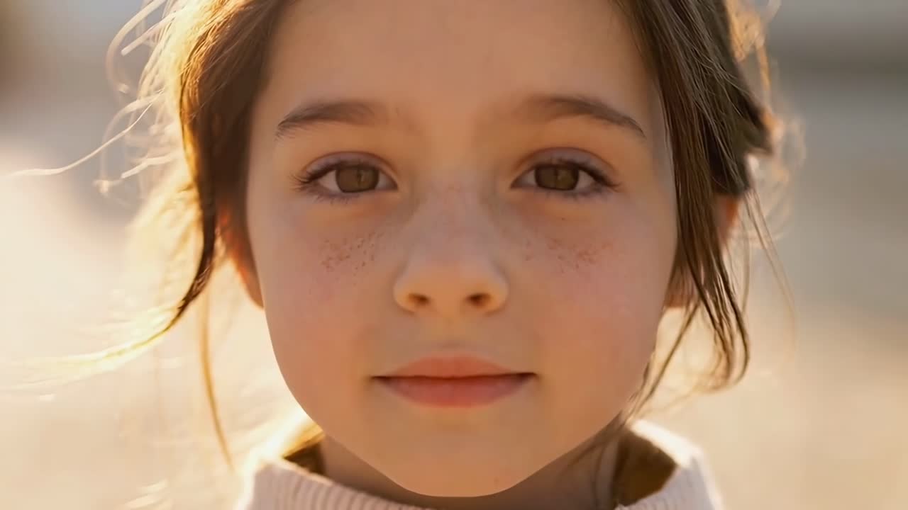 Close-up video of a child's face, warm lighting, direct camera angle, serene expression