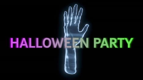 halloween party text animation over glowing skeletal hand on black background