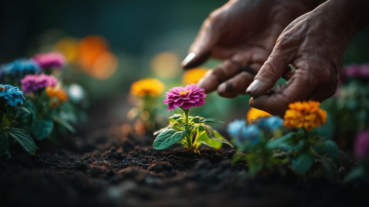 The Art of Gardening: A Close-Up View of Hands Gently Planting Vibrant Flowers in a Rich Soil Bed, Highlighting the Beauty of Nature and Cultivation Techniques
