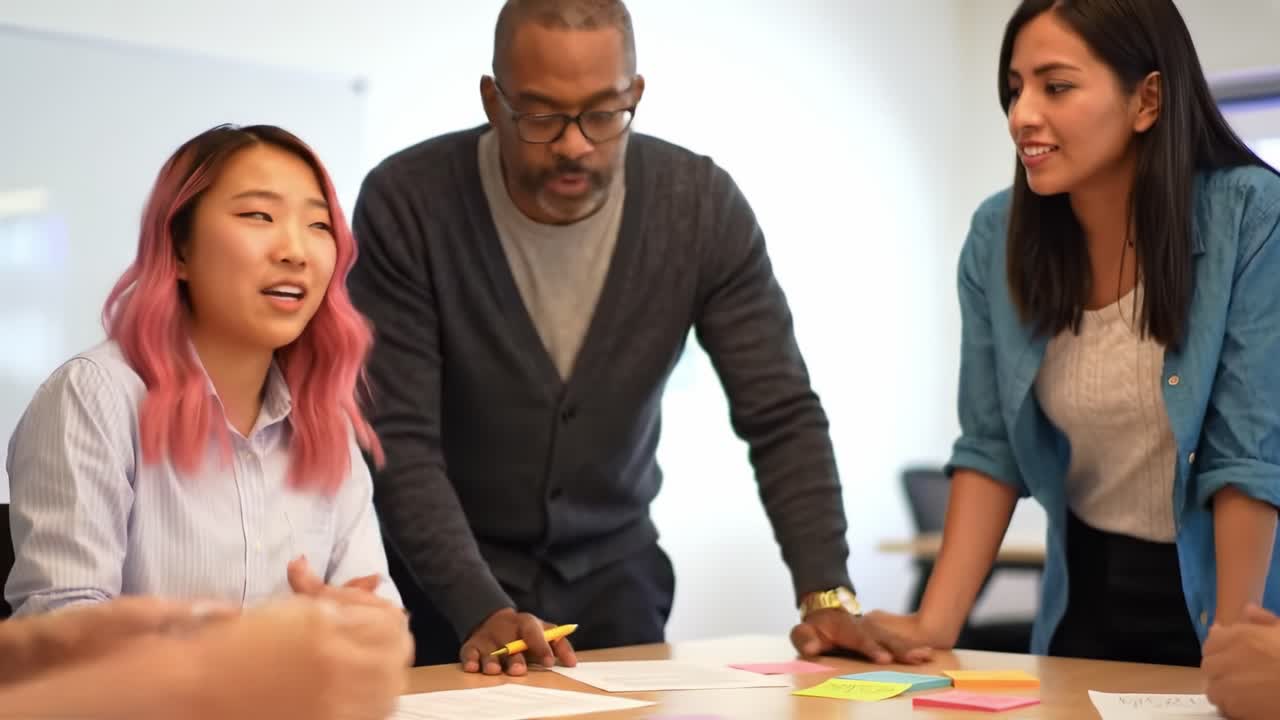 Engaging Team Collaboration in a Creative Meeting: Diverse Participants Brainstorming Ideas with Notes and Visual Aids on a Conference Table
