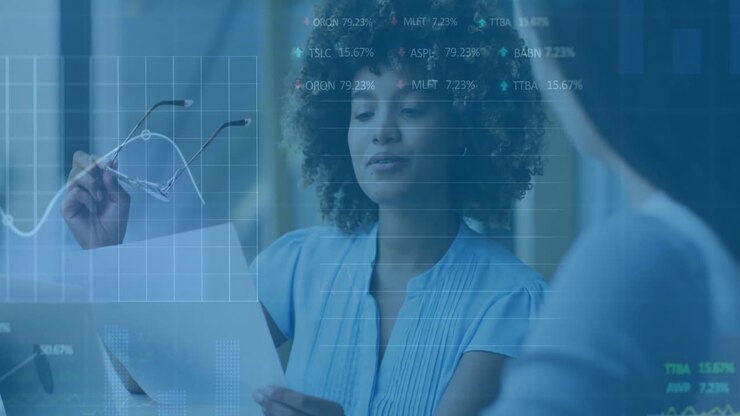 Animation of financial data processing over diverse business people in office