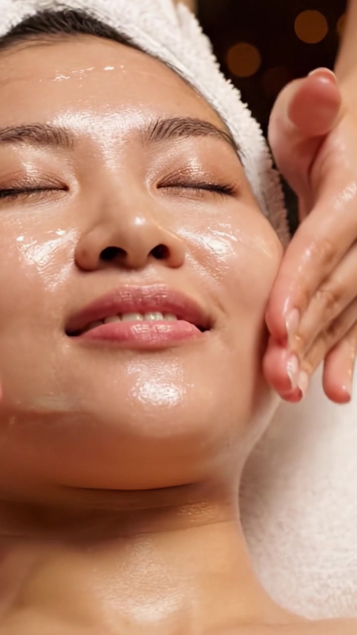 Ontspanning en verjonging: een close-up van een vrouw die geniet van een huidbehandeling, met een stralende huid en serene uitdrukkingen in een spa-achtige omgeving.
