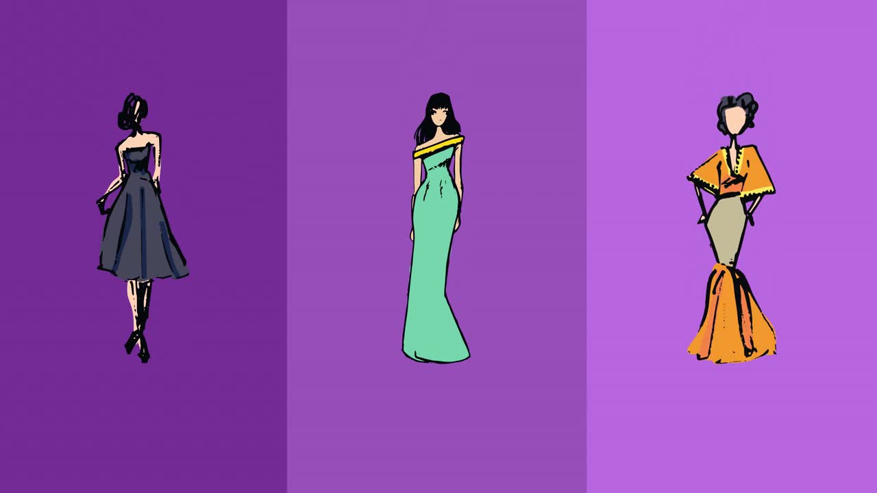 animação de desenhos de moda de modelo em fundo roxo