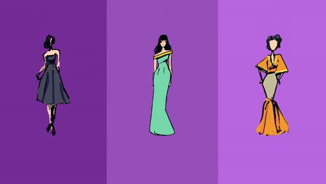 animation of fashion drawings of model on purple background