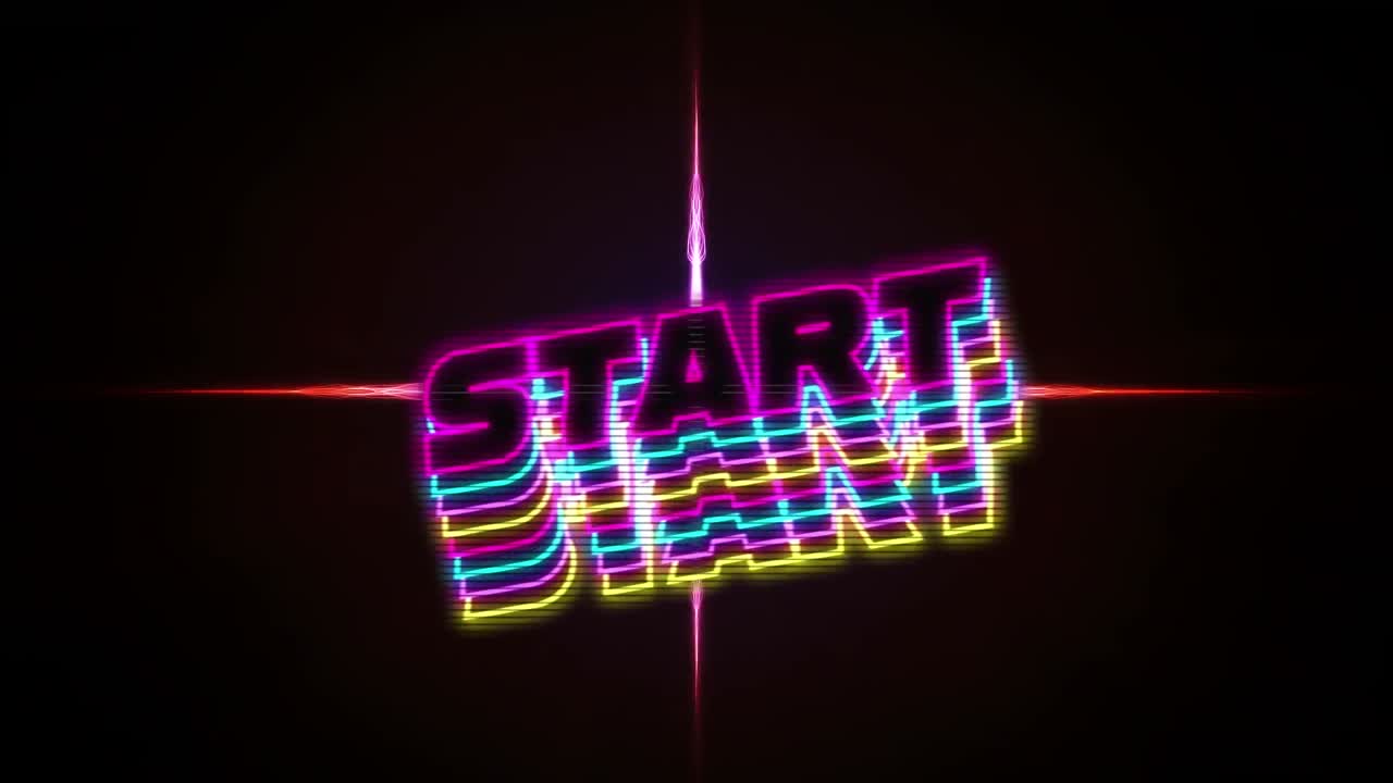 animación de banner de texto de inicio de neón con efecto de sombra sobre senderos de luz roja sobre fondo negro.