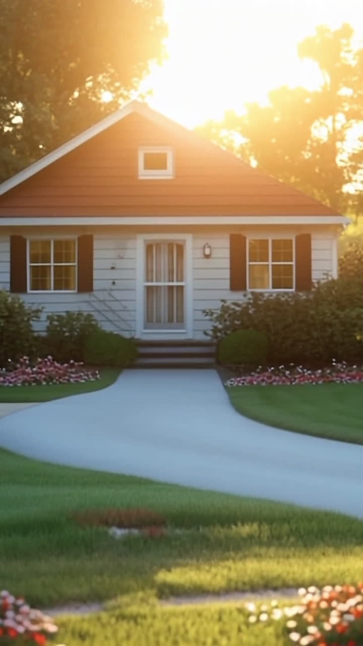 Sunset over a charming countryside home. A peaceful countryside home is bathed in warm sunset light, surrounded by a lush garden and white picket fence.