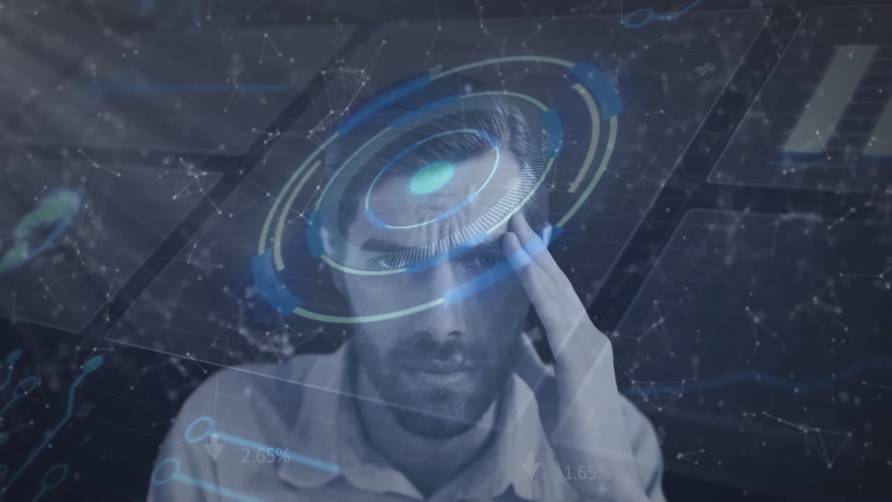 Man concentrating with digital interface and data processing animation over his face