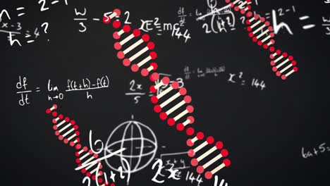 Animation-Des-Spinnens-Eines-DNA-Strangs-Mit-Berechnungen-Auf-Schwarzem-Hintergrund.-Globale-Medizinische-Forschungswissenschaft