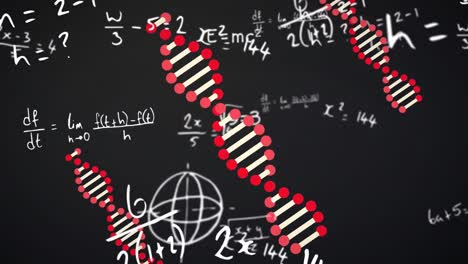 animación de la hilera de adn girando con cálculos en fondo negro. investigación médica global ciencia