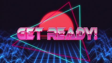Animation-of-get-ready-text-banner-against-blue-glowing-grid-network-and-digital-waves