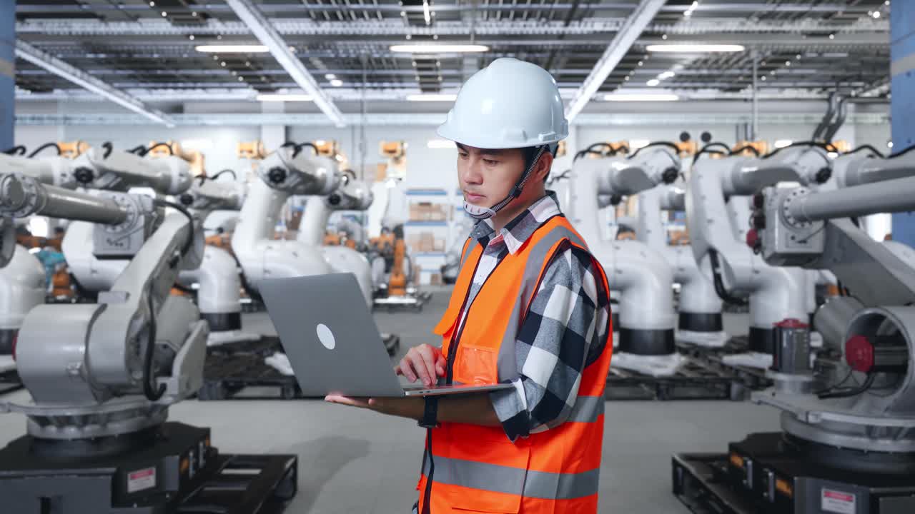 Engineer working with industrial robots
