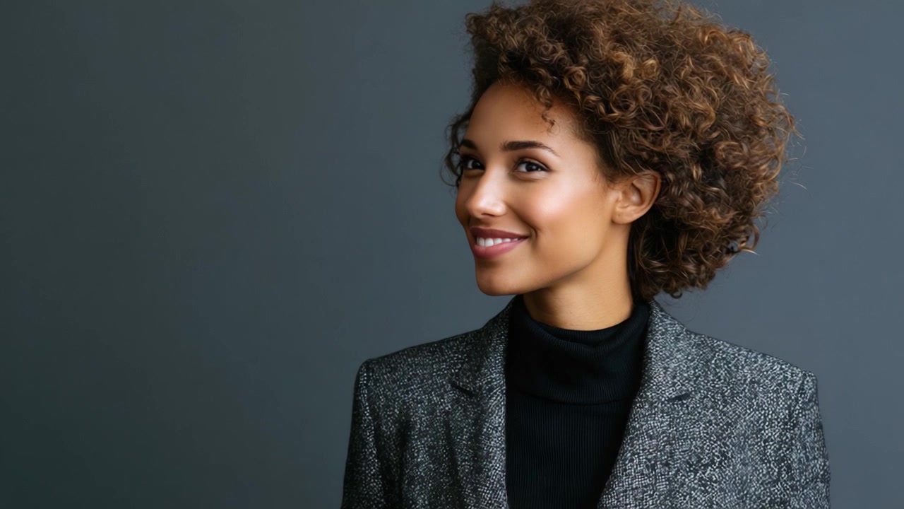 Capturing Confidence: A Stylish Woman with Curly Hair Enjoys a Moment of Joyful Reflection against a Minimalist Background