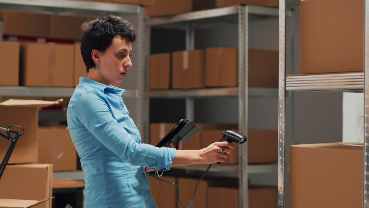 Woman Scanning Boxes in Warehouse