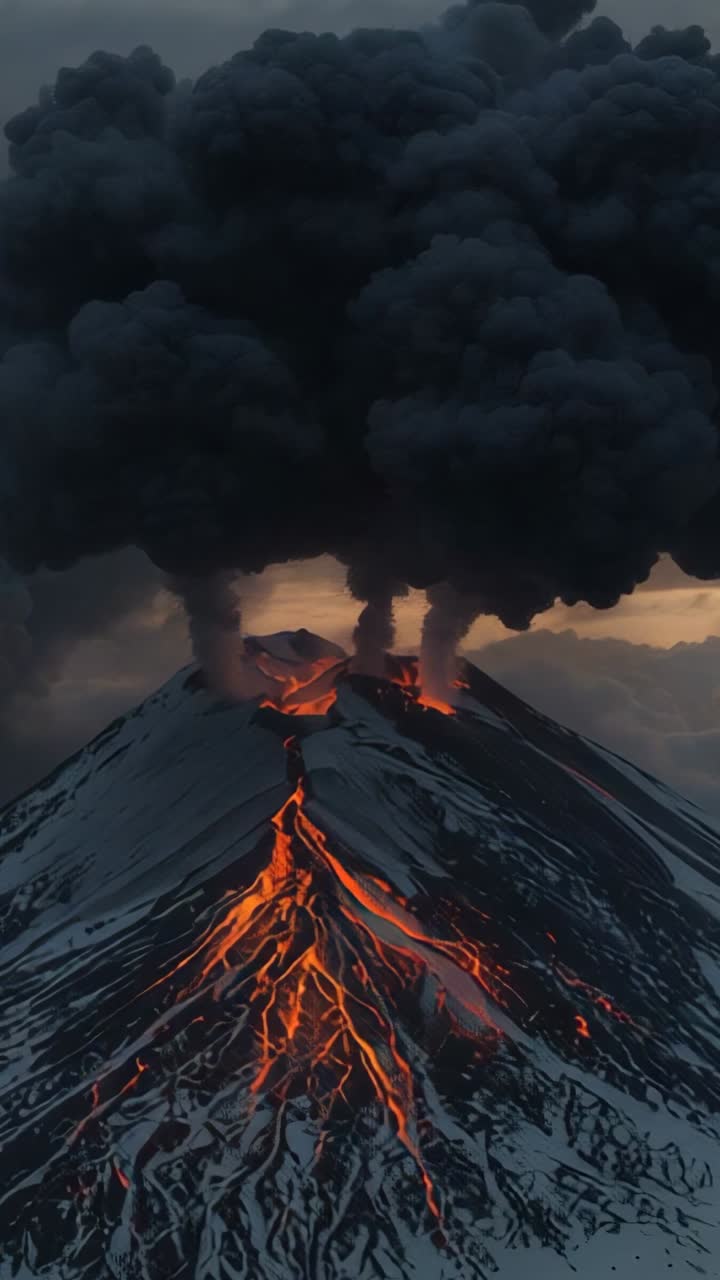 Video verticale: lava che si riversa dalle fessure della cima lungo il picco vulcanico, pennacchio di cenere che si solleva