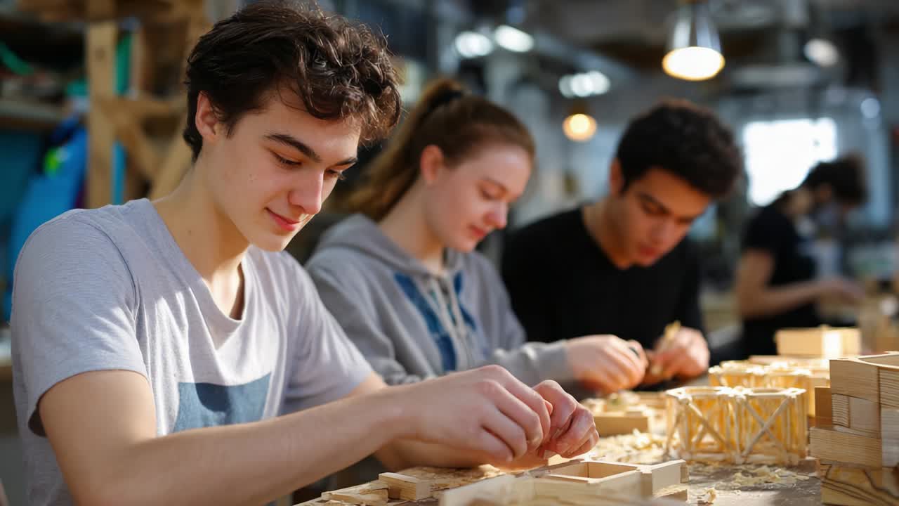 Students Working on Woodworking Project