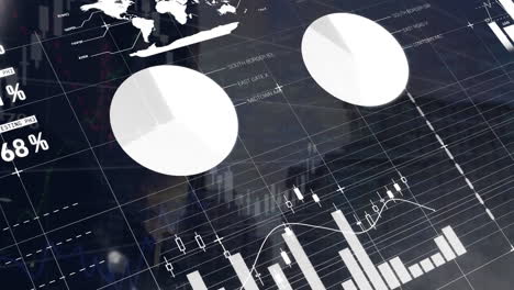 animation of financial and statistical data processing against tall buildings