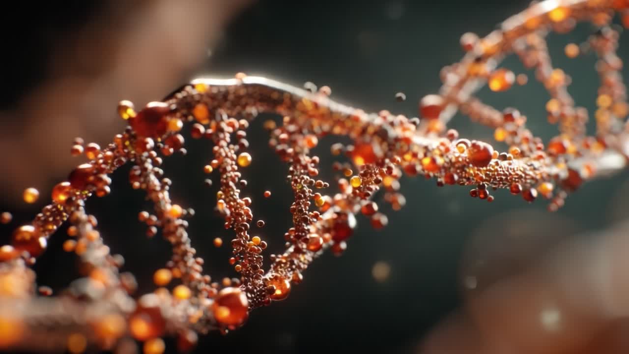 A Stunning Close-Up of DNA Structure Featuring Glimmering Droplets, Illustrating the Complexity of Genetic Information and Molecular Interactions in Life Forms