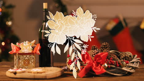 animation of flower icons at christmas and bottle of wine