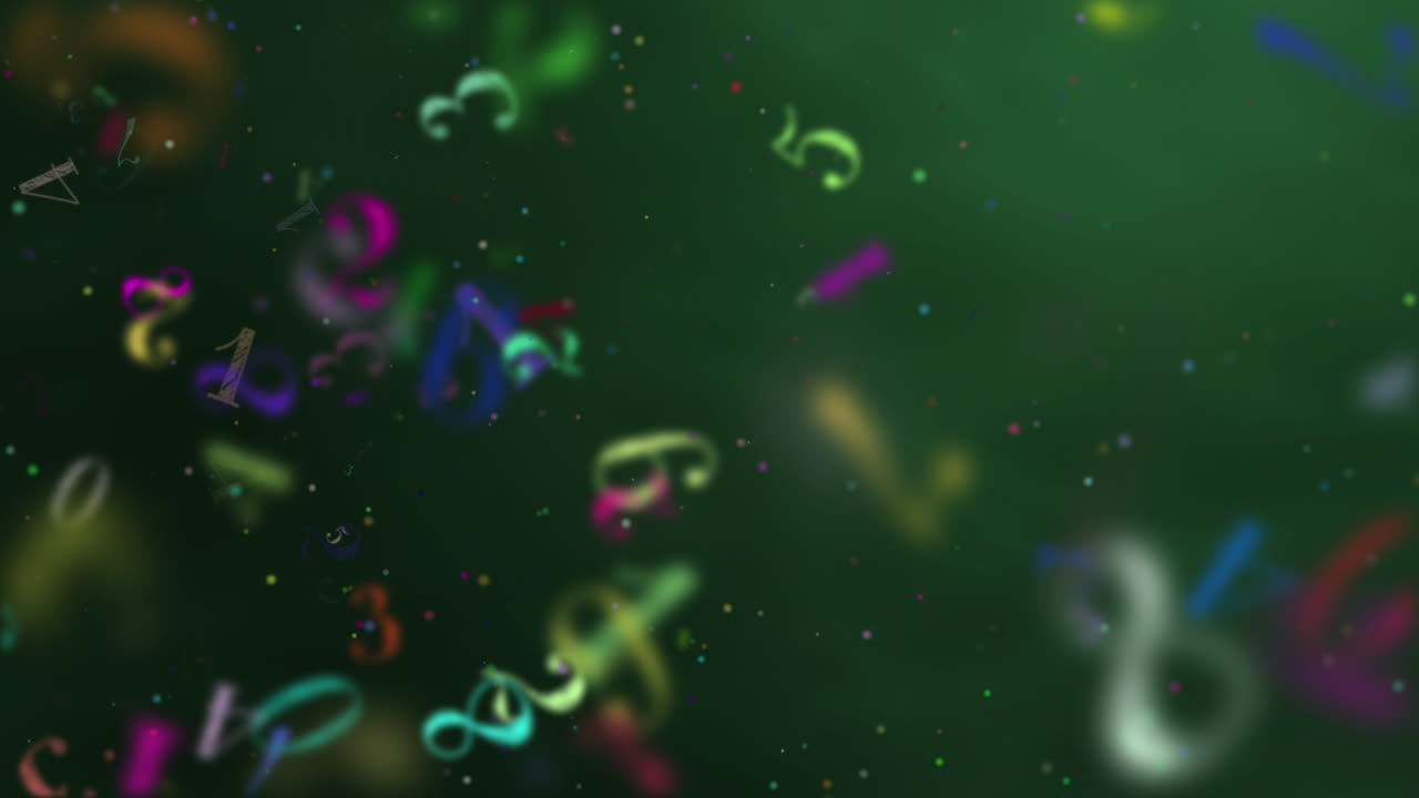 Blurred animation of flying colored numbers on a green background. School looped motion graphics.