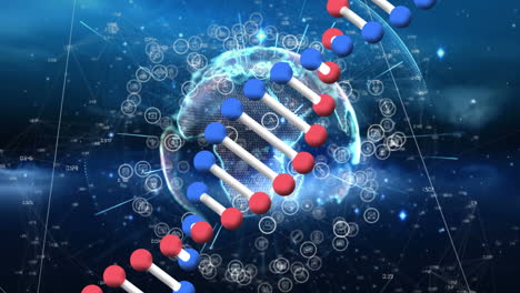 animation of dna strand, globe and icons with network of connections