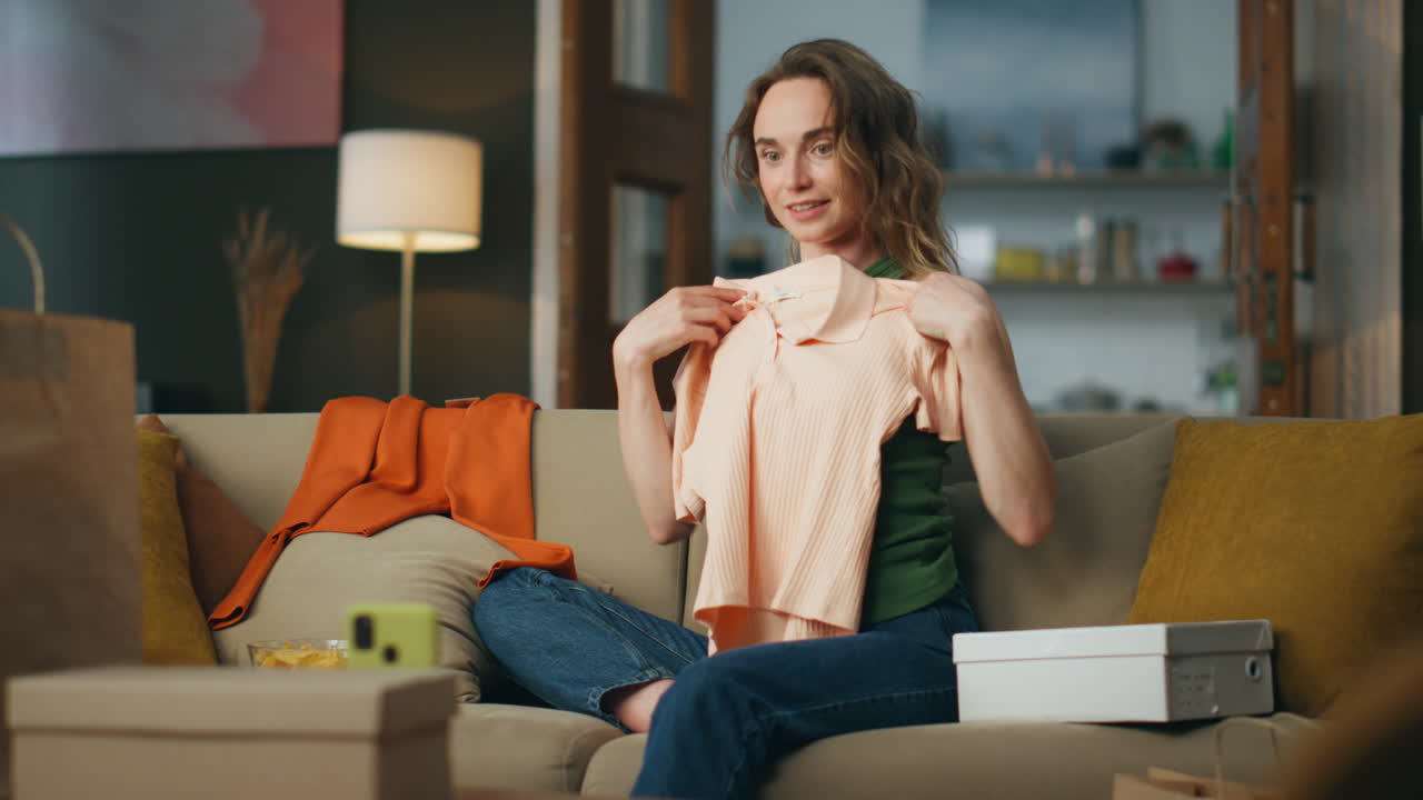 Shopping blogger showing clothes recording cellphone vlog. Woman talking online