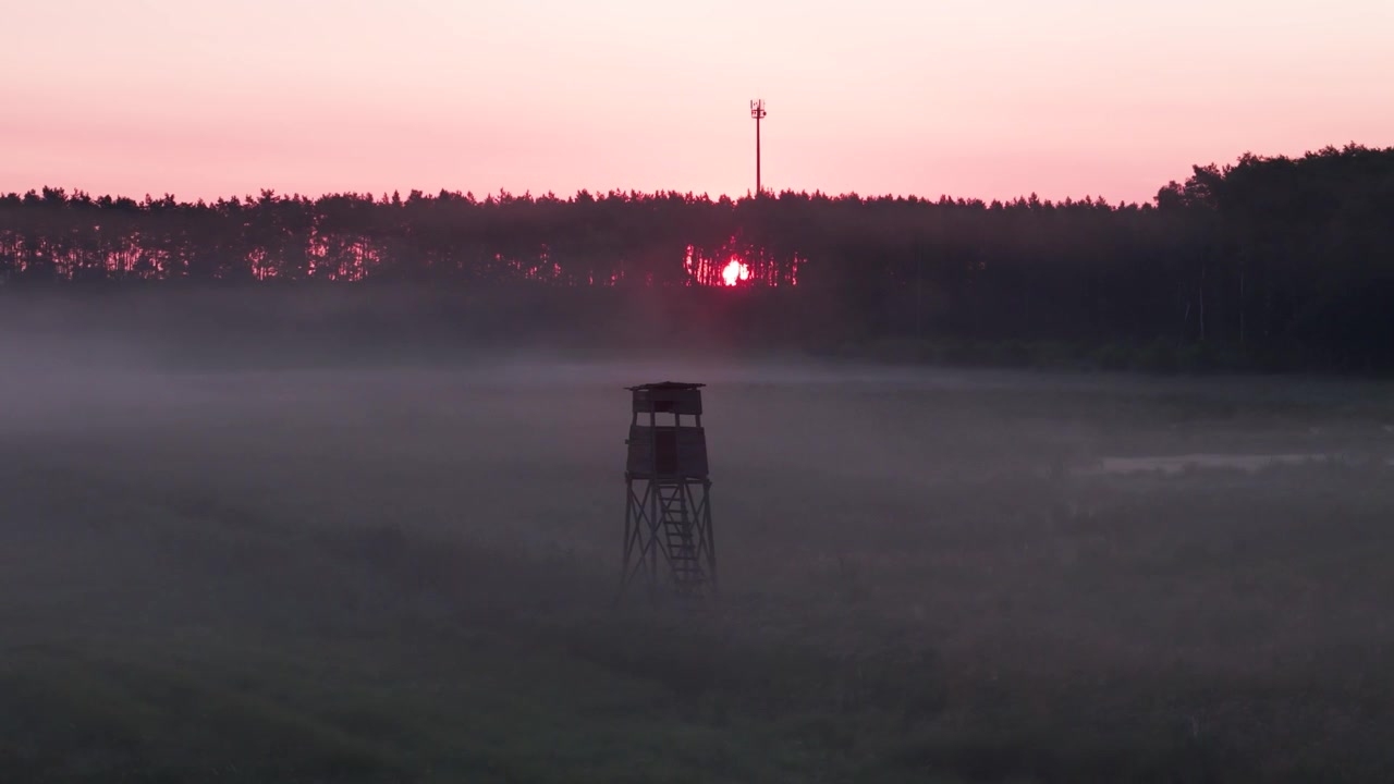 A cinematic landscape featuring a wooden hunting pulpit in a foggy meadow during a purple sunrise. Perfect for nature documentaries and hunting themes.