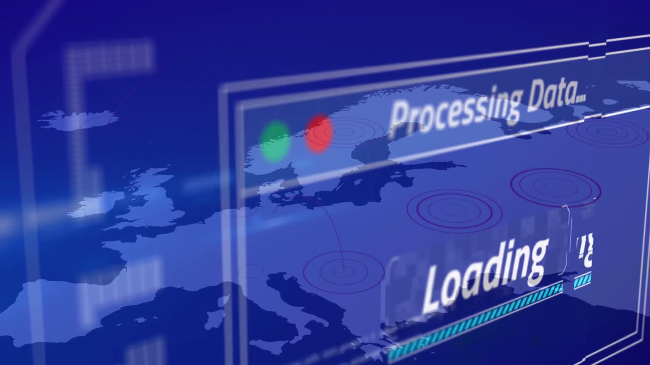 파란색 배경에 상자, 컴퓨터 언어 및 지도의 여러 텍스트의 애니메이션