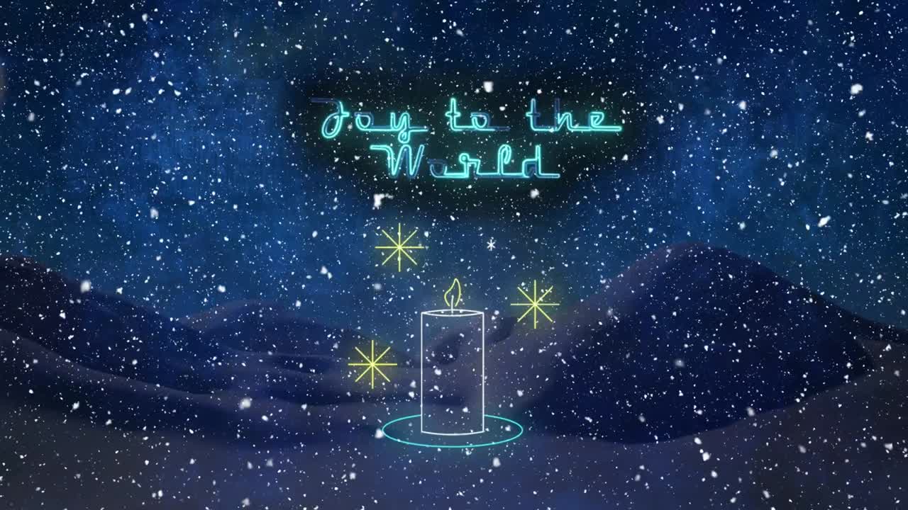 animación de alegría para el mundo texto en navidad sobre las velas y la nieve cayendo