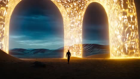 A figure walks through a glowing portal in a desert landscape at night.