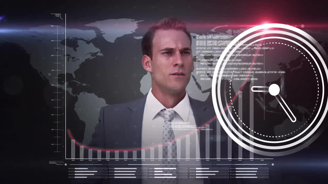 hombre de negocios con mapa del mundo y animación de reloj sobre visualización de datos financieros