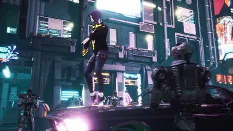 a girl dances hip-hop in a futuristic car, surrounded by android robots on the street of a night city. seamless looping animation for fiction, cyber and sci-fi backgrounds. view of an fiction city.