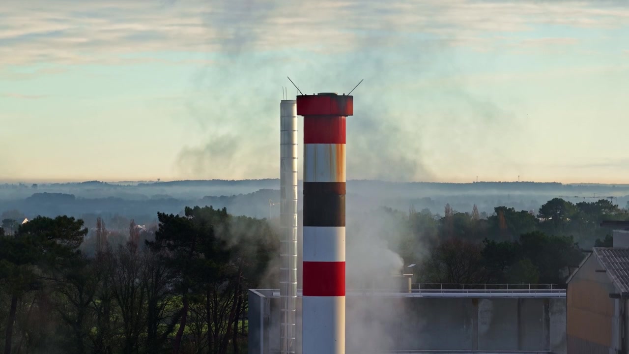 Fumo e vapore si alzano dai camini delle fabbriche tra attività industriale e alberi circostanti
